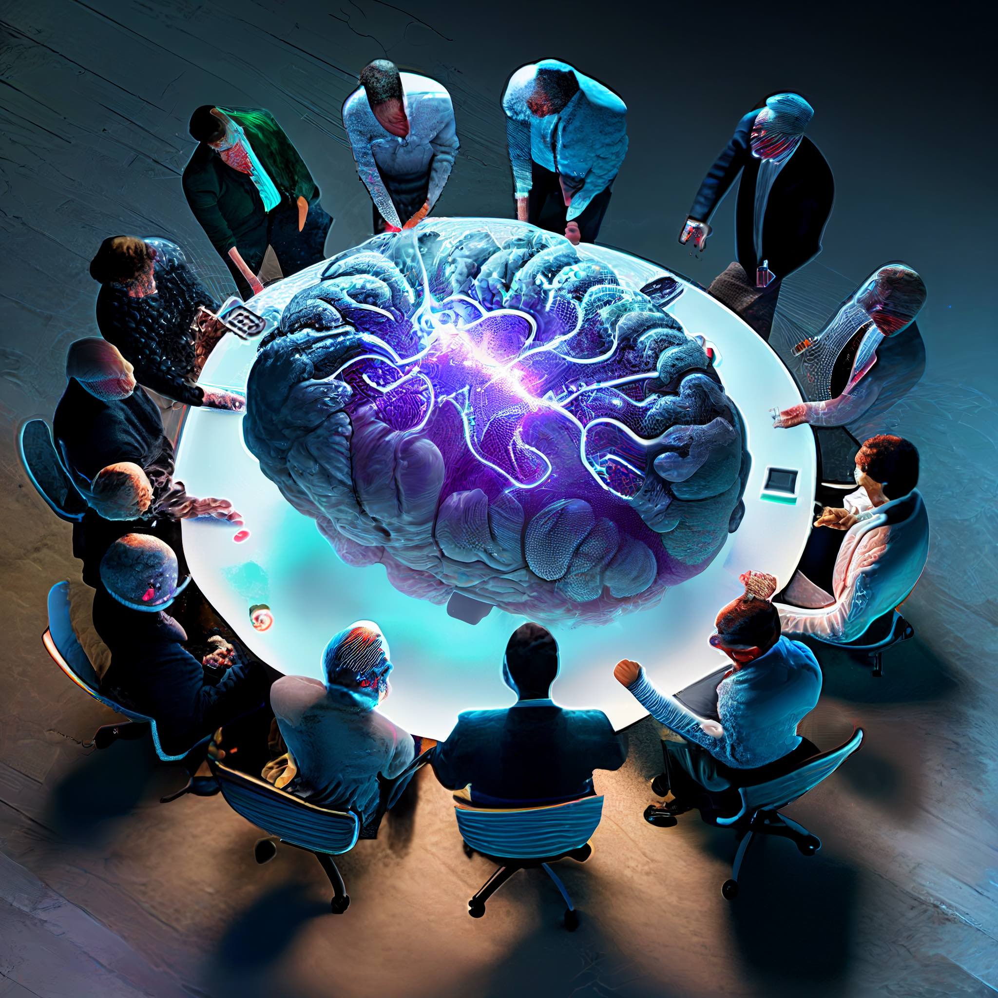 Computational Neuroscience: gather at a round table examining a glowing 3d hologram of a large human brain