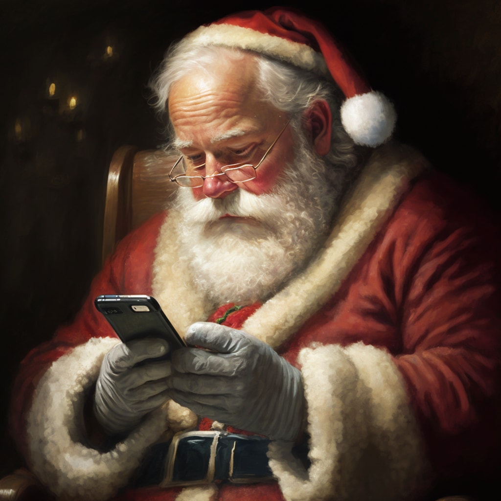 Santa looks at an Emoji Christmas Story on his iPhone