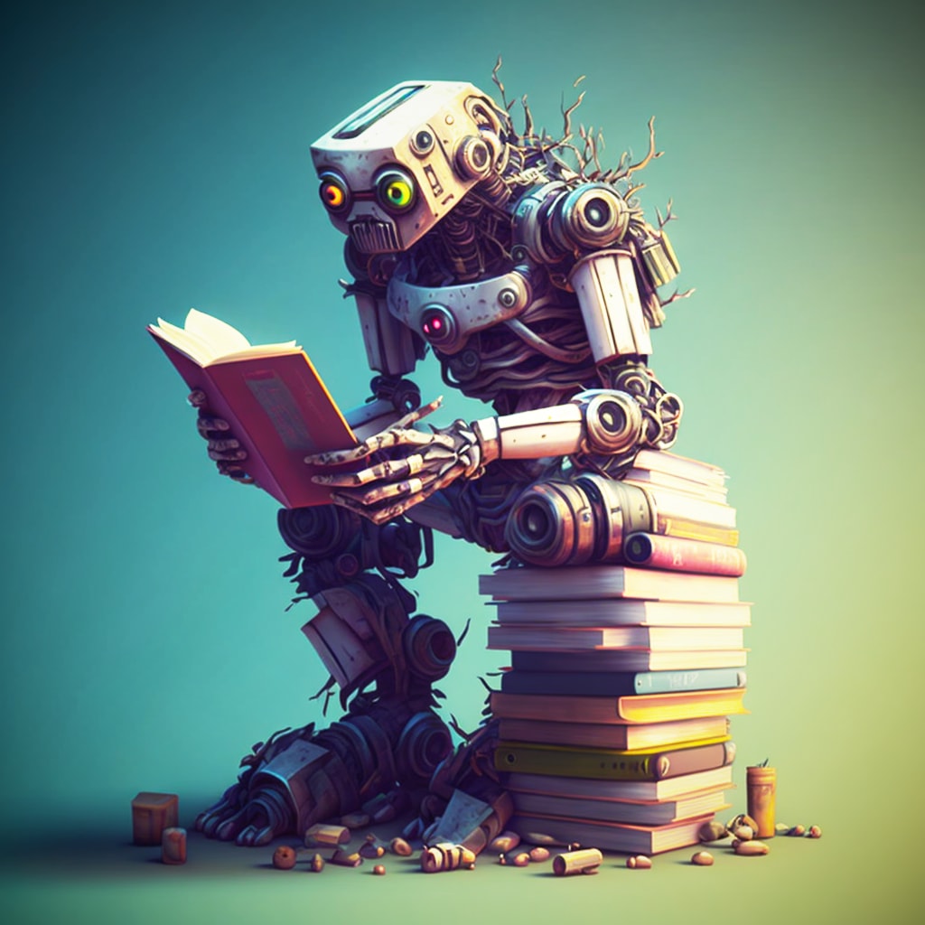 A robot reading all the Text AI Training Datasets
