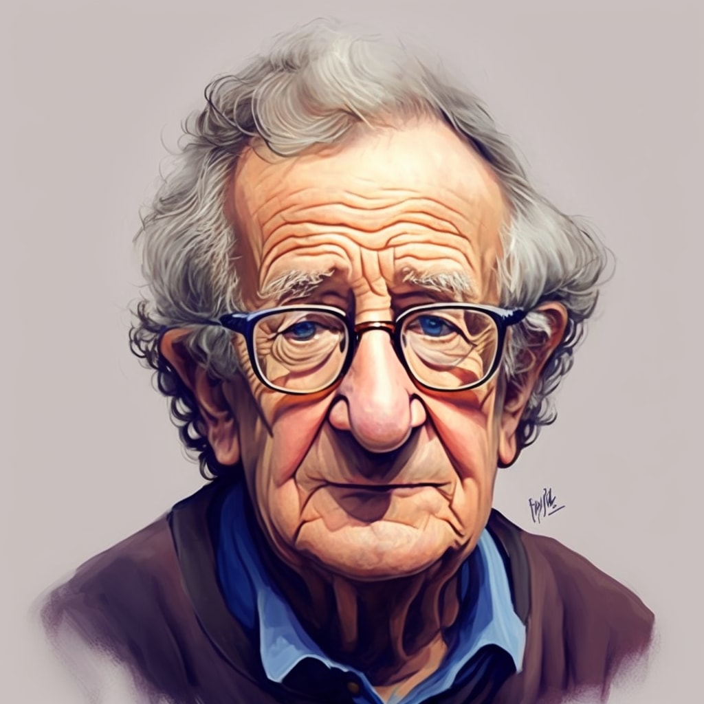 Noam Chomsky on AI, illustrated by AI (MidJourney 2023)