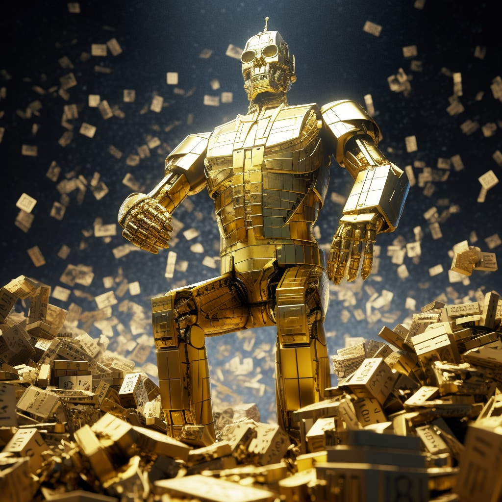 LLM training cost: how much to train an AI? Golden Humanoid Robot standing atop a pile of gold bars