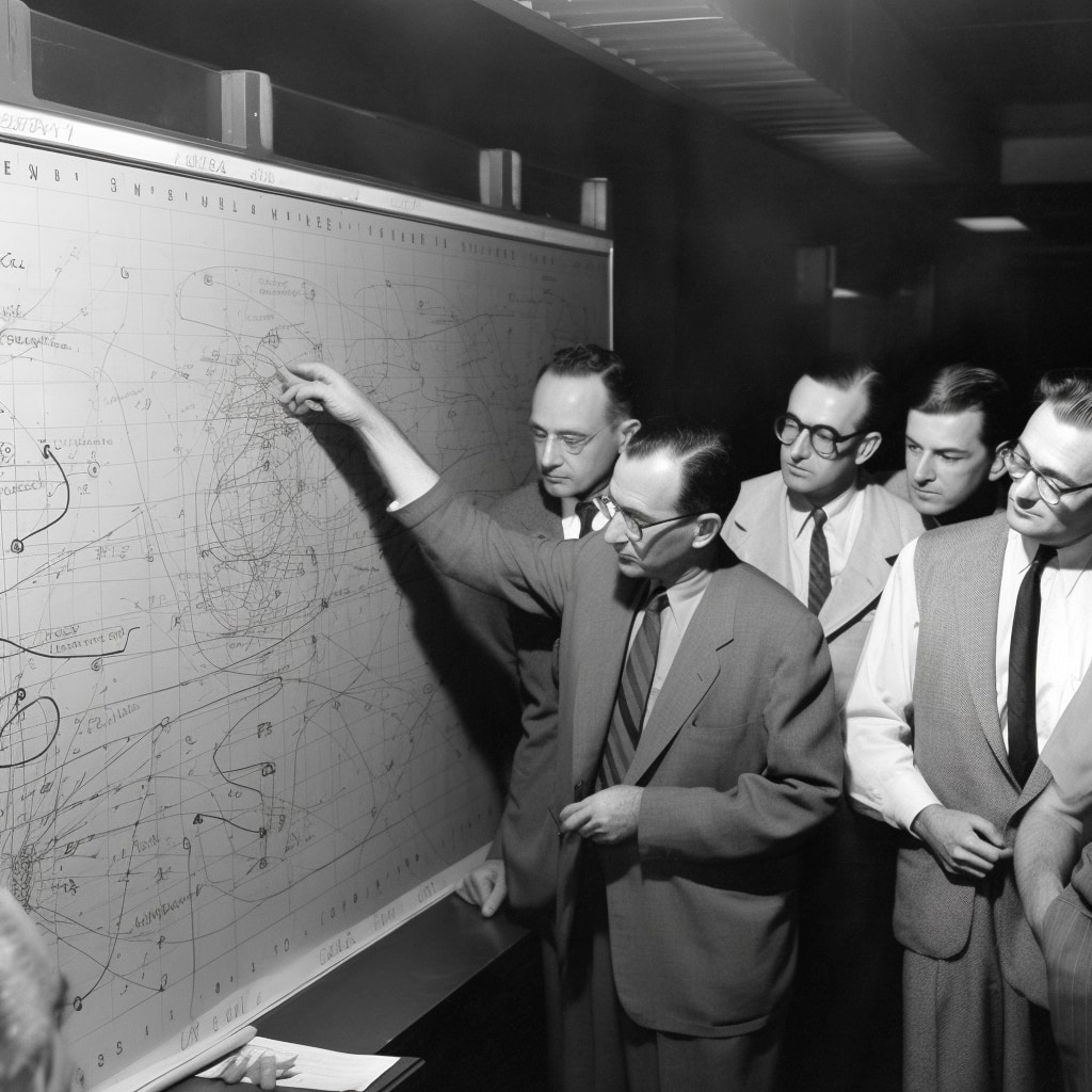 the New Manhattan Project: AI scientists gather round a whiteboard exploring neural net structures